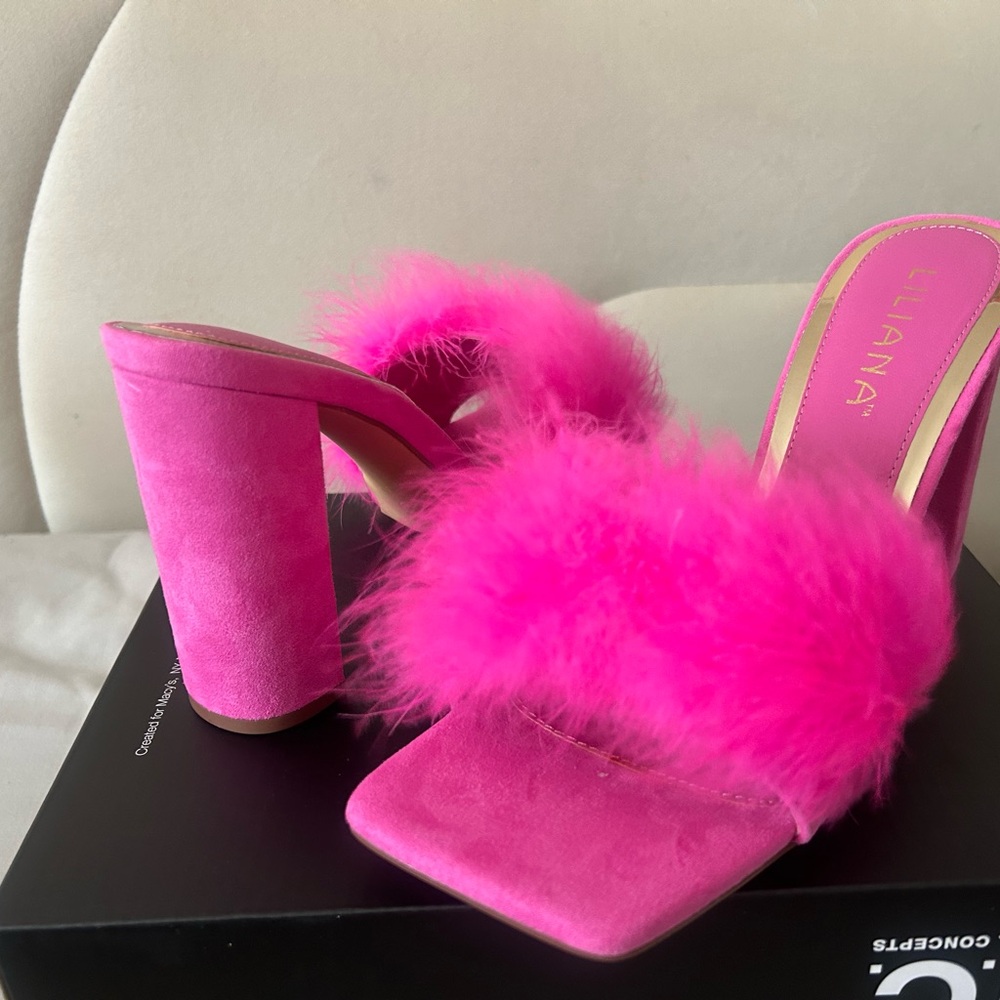 Liliana Hot Pink Feather Block Heel Slides